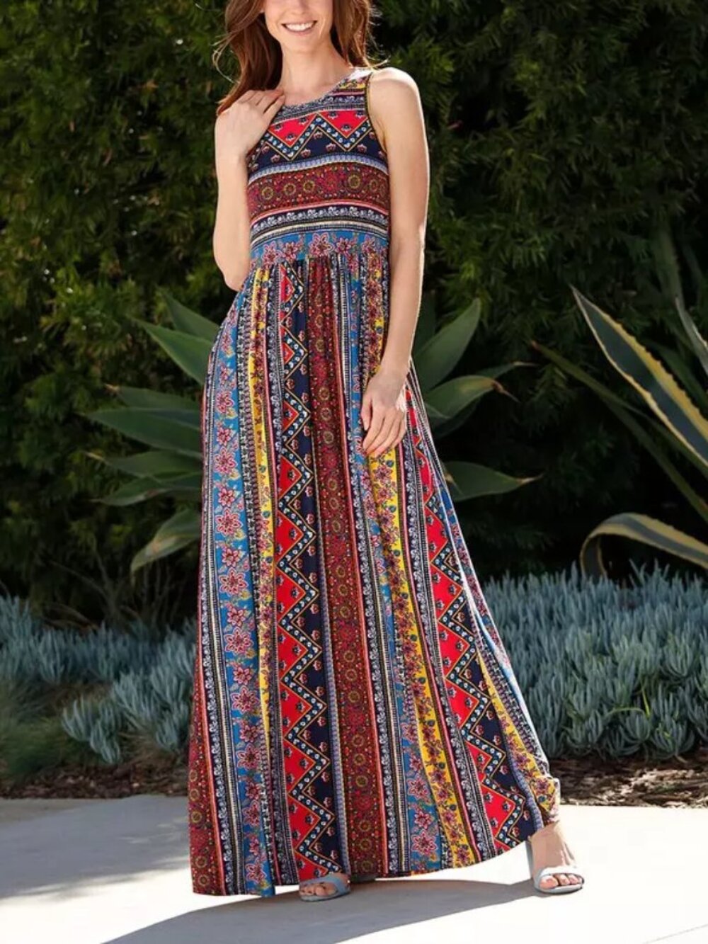 Éloges Boho Tribal Maxi Dress S Multicolor Sleeveless Resort Festival Artsy Chic